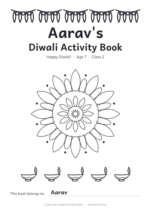 A Diwali activity book cover with the name Aarav and a rangoli to colour