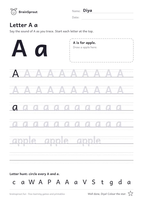 Example of the Letter tracing A–Z worksheet