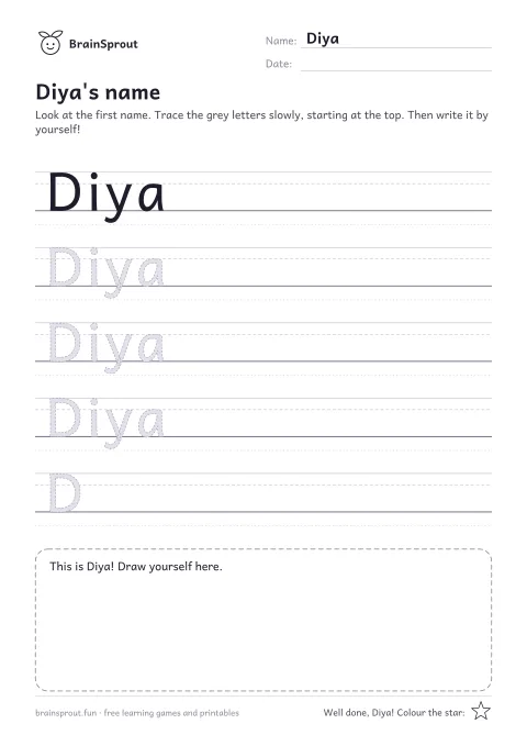 Trace my name worksheet for Diya