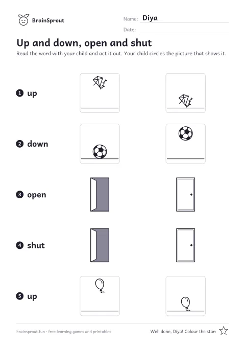 Example of the Opposites & Measures worksheet