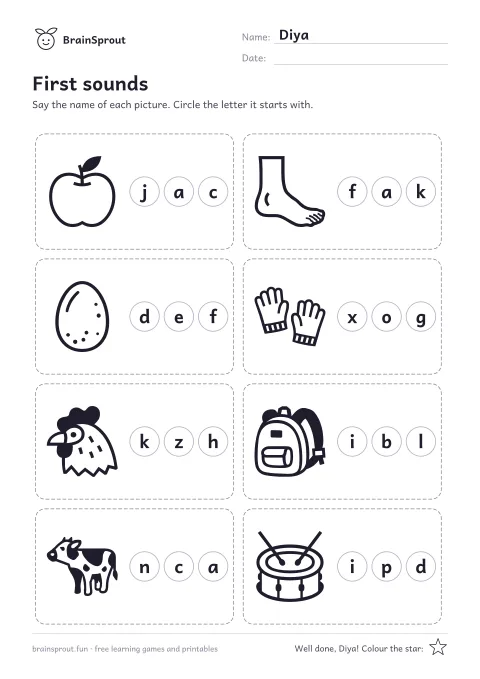 Example of the Phonics and first words worksheet