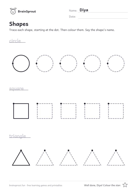 Example of the Shapes, colours and sizes worksheet
