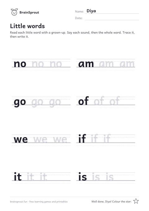 Example of the Word Reader worksheet
